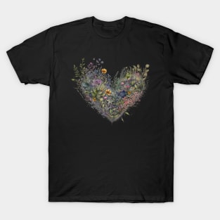 Floral Garden Botanical Print with wild flowers Heart Valentines T-Shirt